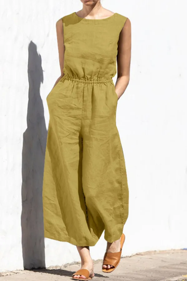 Fern Linen Blend Pocketed Button Back Elastic Waist Jumpsuit