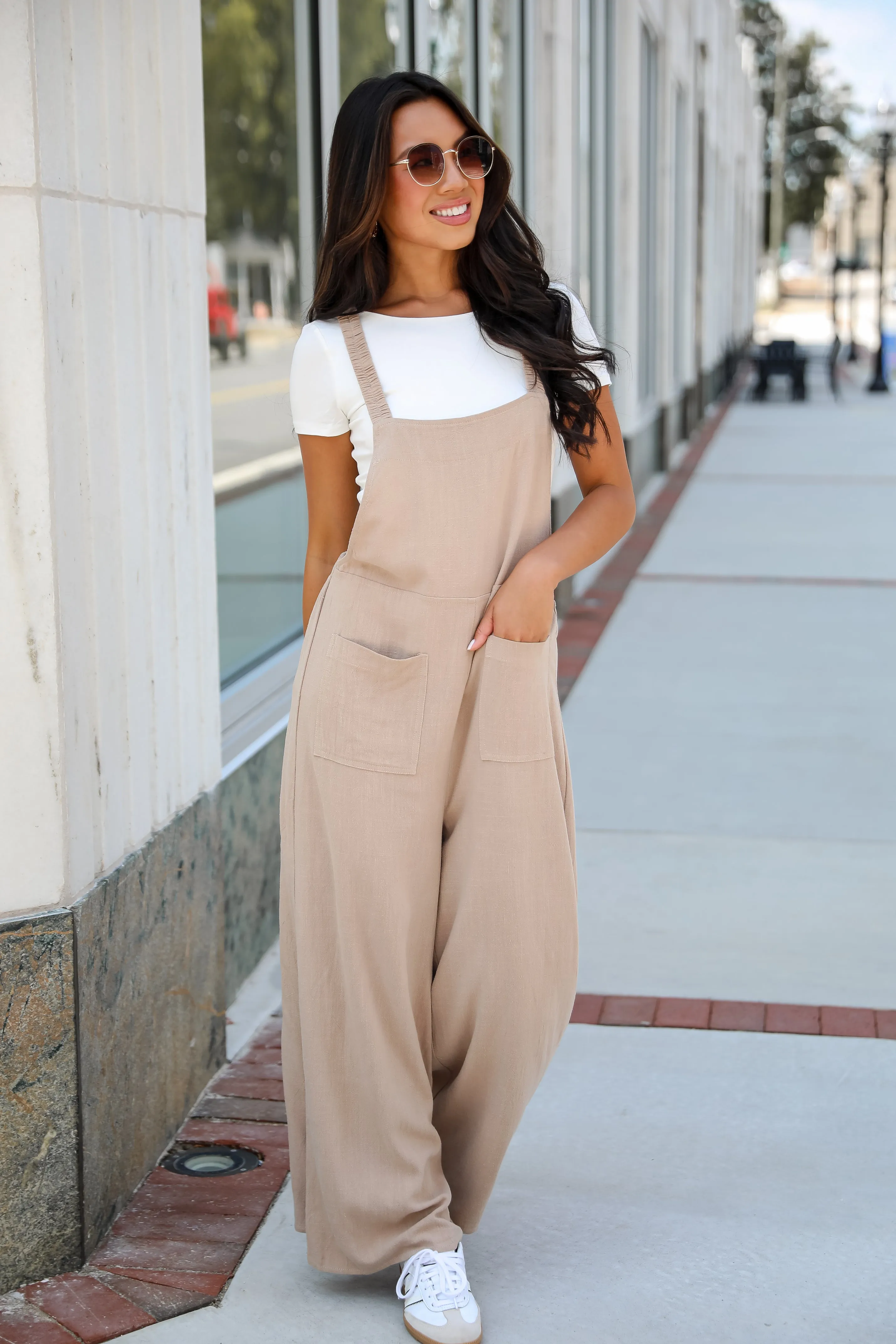 FINAL SALE - Charm And Poise Taupe Linen Jumpsuit