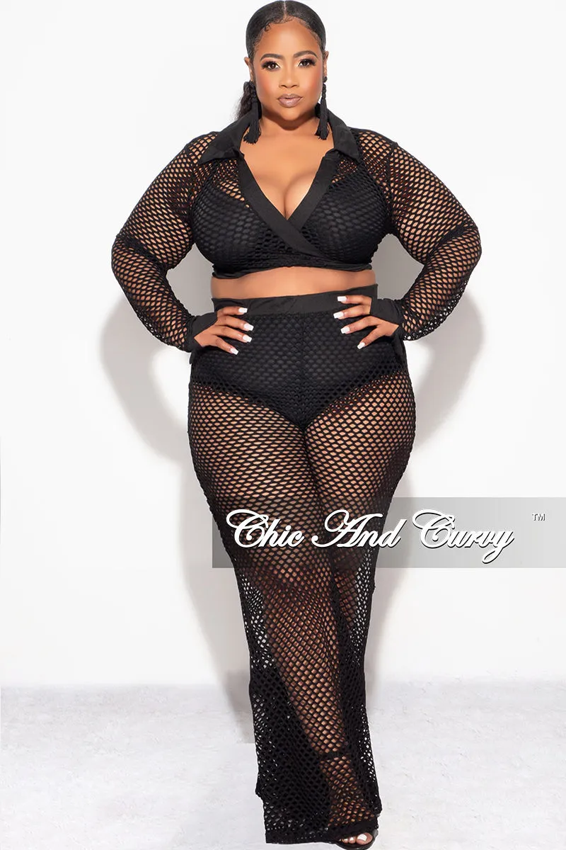 Final Sale Plus Size 2pc Fishnet Faux Wrap Tie Top and Pants Set in Black