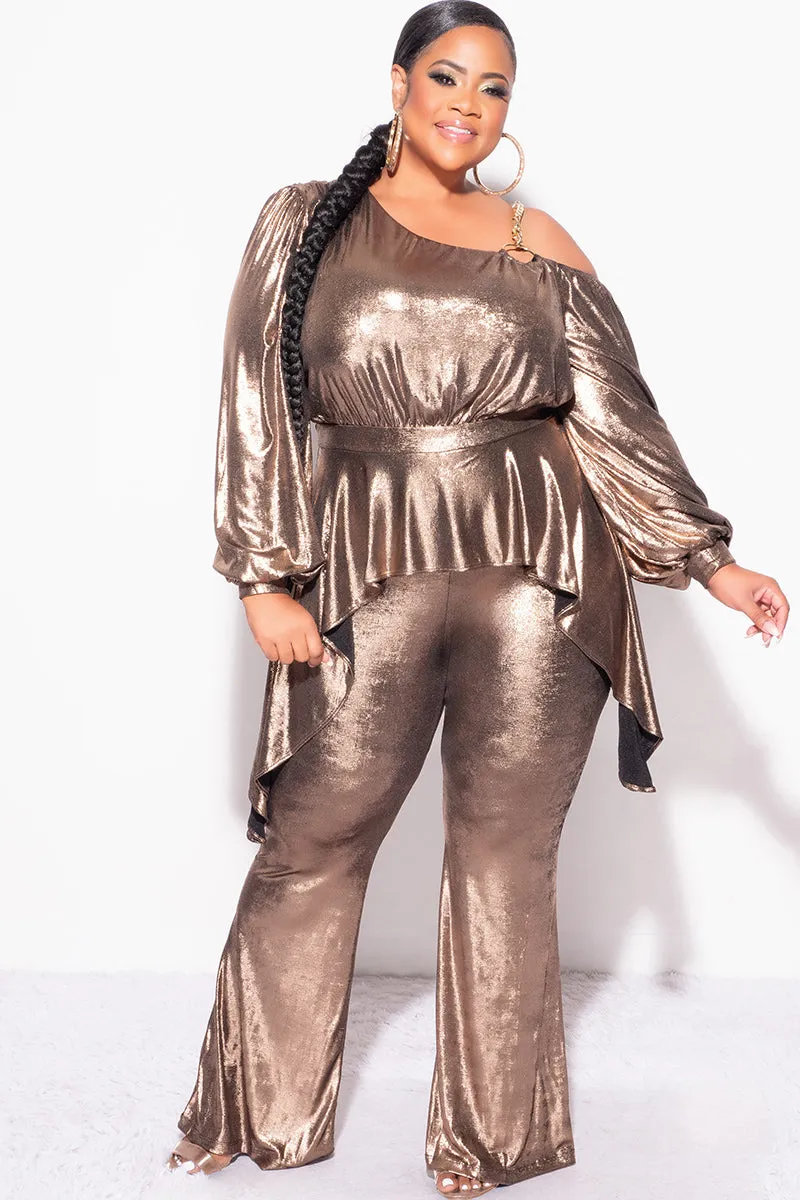 Final Sale Plus Size Cold Shoulder with Gold Chain & Asymmetrical Ruffle Peplum Jumpsuit in Gold Metallic