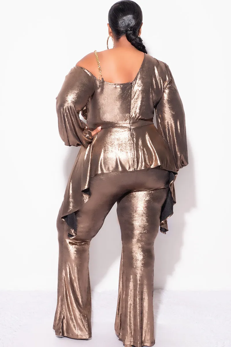 Final Sale Plus Size Cold Shoulder with Gold Chain & Asymmetrical Ruffle Peplum Jumpsuit in Gold Metallic