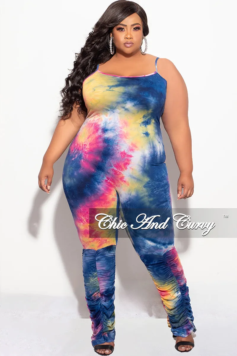 Final Sale Plus Size Spaghetti Strap Jumpsuit in Dark Neon Tie Dye