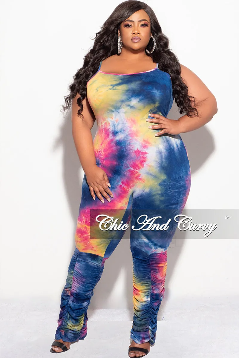 Final Sale Plus Size Spaghetti Strap Jumpsuit in Dark Neon Tie Dye