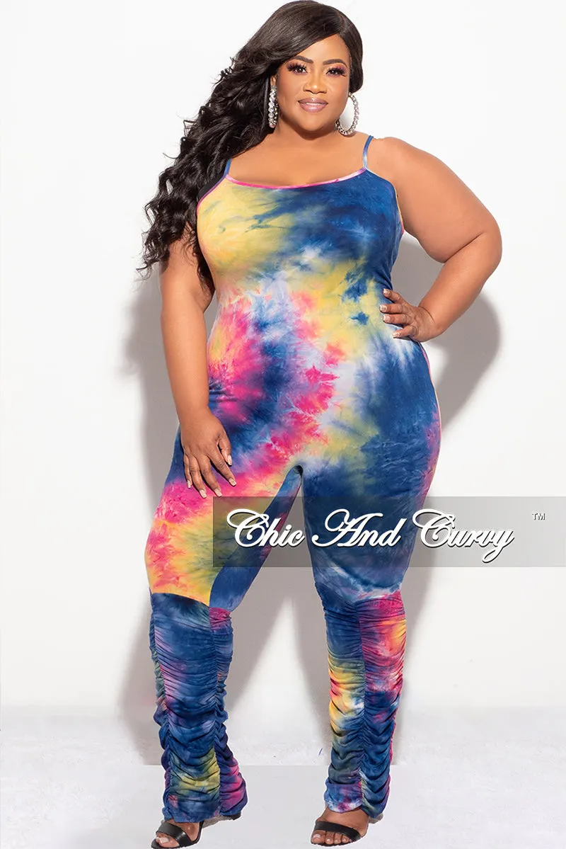 Final Sale Plus Size Spaghetti Strap Jumpsuit in Dark Neon Tie Dye