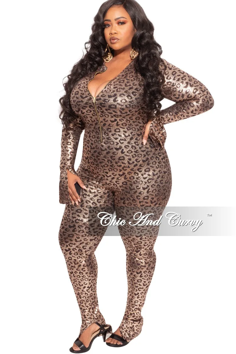 Final Sale Plus Size Zip-Up Jumpsuit in Gold Cheetah Print