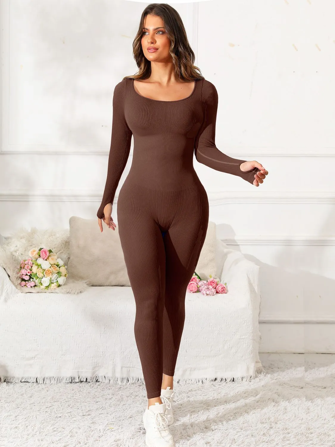 Fit & Fab Scoop Neck Long Sleeve Active Jumpsuit