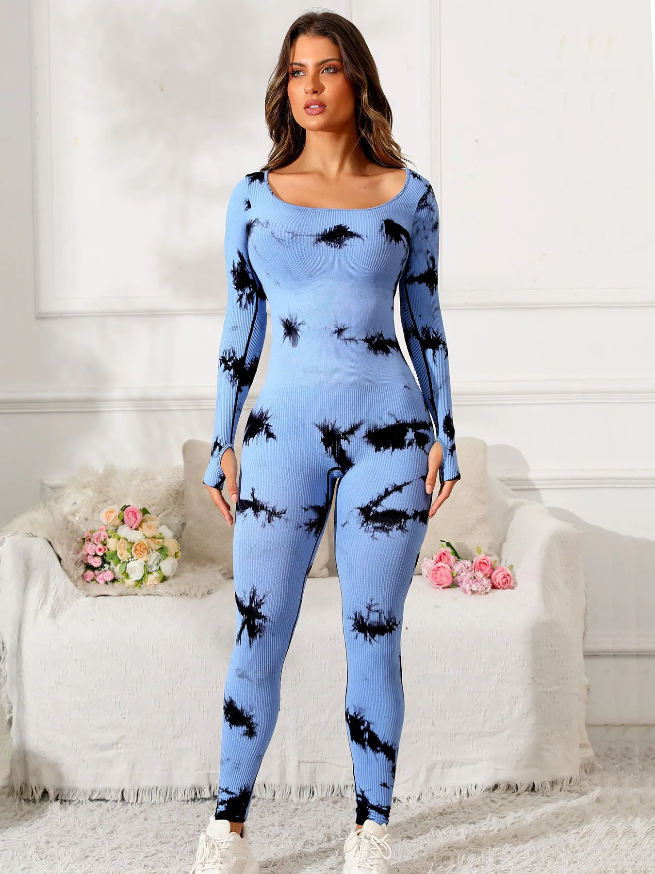 Fit & Fabulous Tie Dye Scoop Neck Long Sleeve Active Jumpsuit