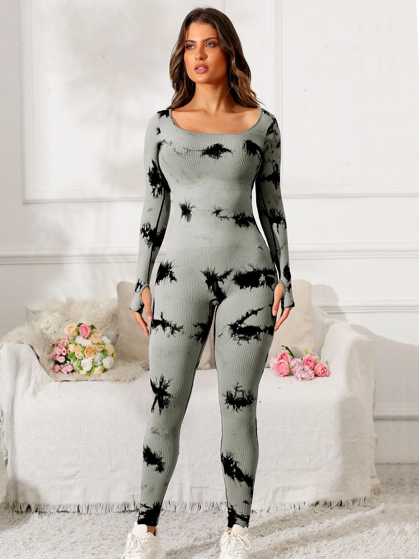 Fit & Fabulous Tie Dye Scoop Neck Long Sleeve Active Jumpsuit