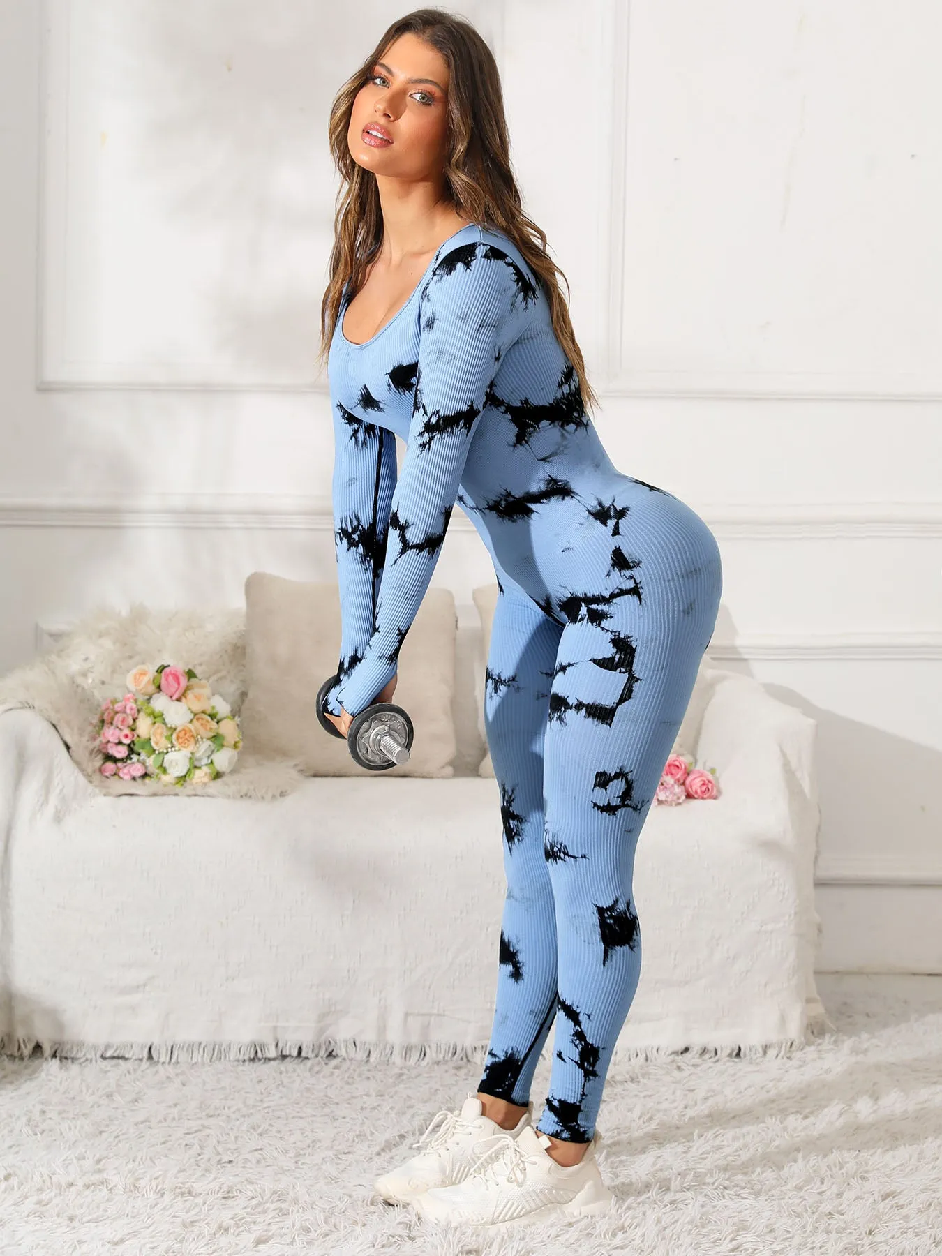 Fit & Fabulous Tie Dye Scoop Neck Long Sleeve Active Jumpsuit