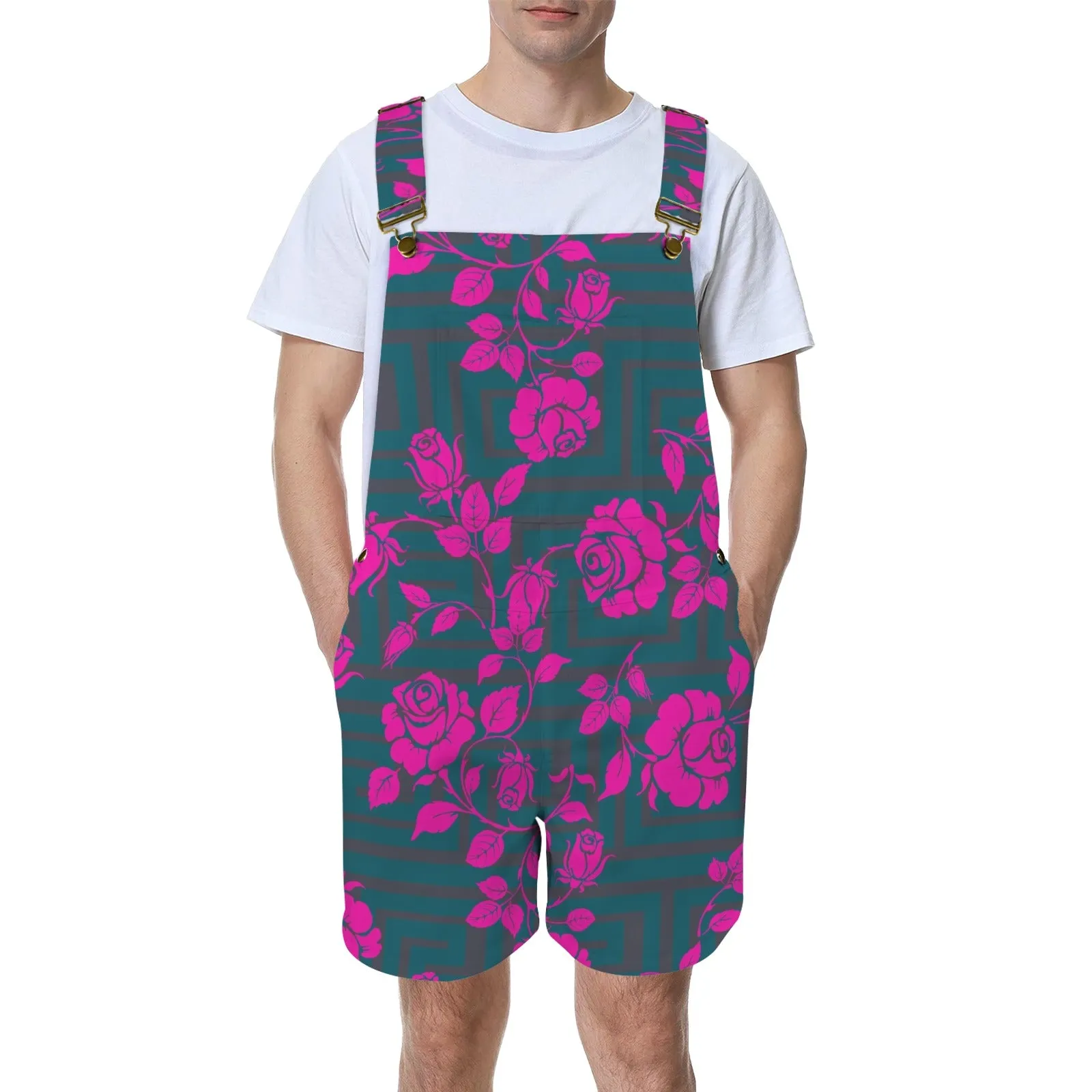 fuchsia rose emerald green greek key print 4 Unisex Shorts Suspender Jumpsuit (Model L78)