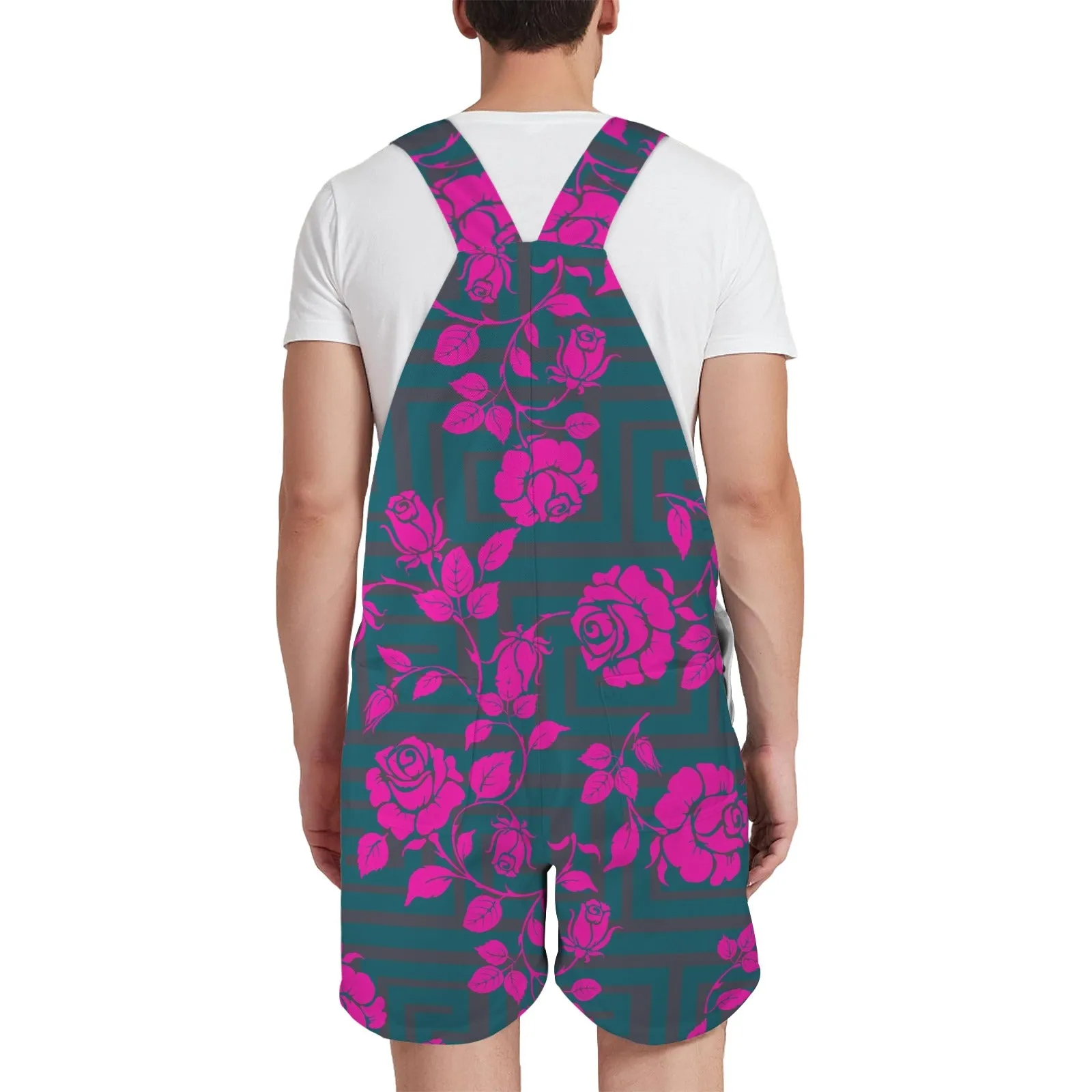 fuchsia rose emerald green greek key print 4 Unisex Shorts Suspender Jumpsuit (Model L78)