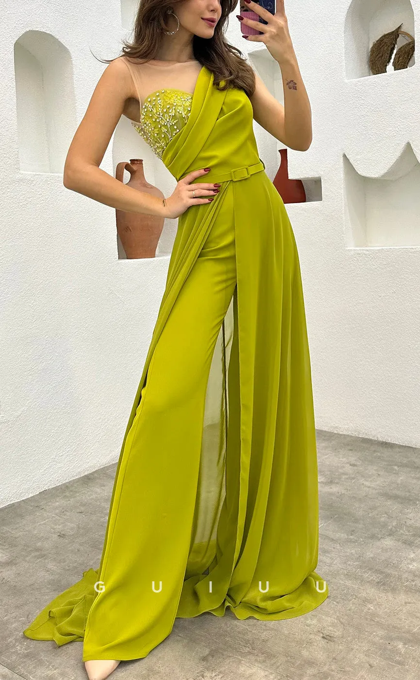 G3498 - Chic & Modern Sheath One Shoulder Feather Sash Jumpsuit Floor-Length Party Gown Prom Dress With Overlay