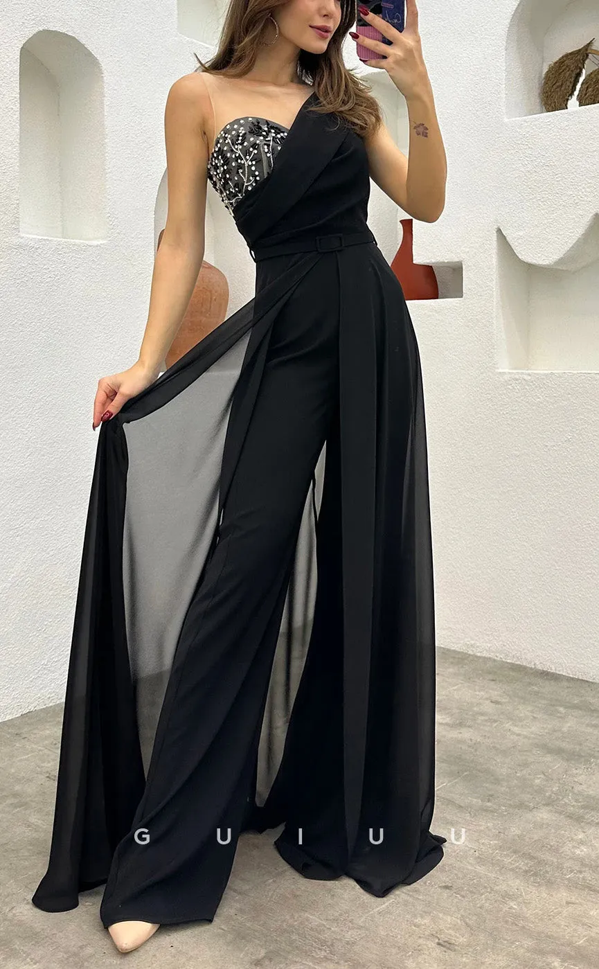 G3498 - Chic & Modern Sheath One Shoulder Feather Sash Jumpsuit Floor-Length Party Gown Prom Dress With Overlay