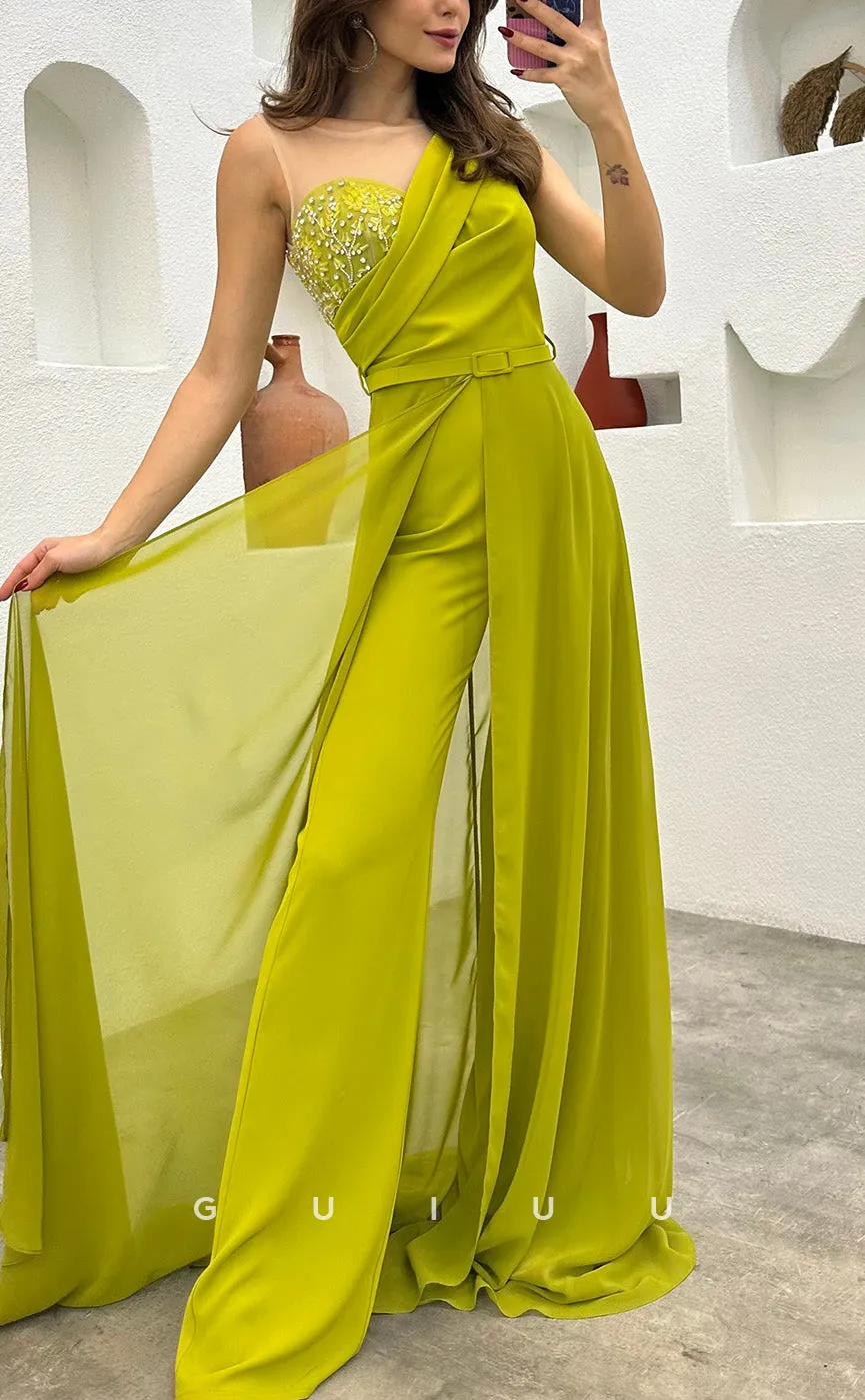 G3498 - Chic & Modern Sheath One Shoulder Feather Sash Jumpsuit Floor-Length Party Gown Prom Dress With Overlay