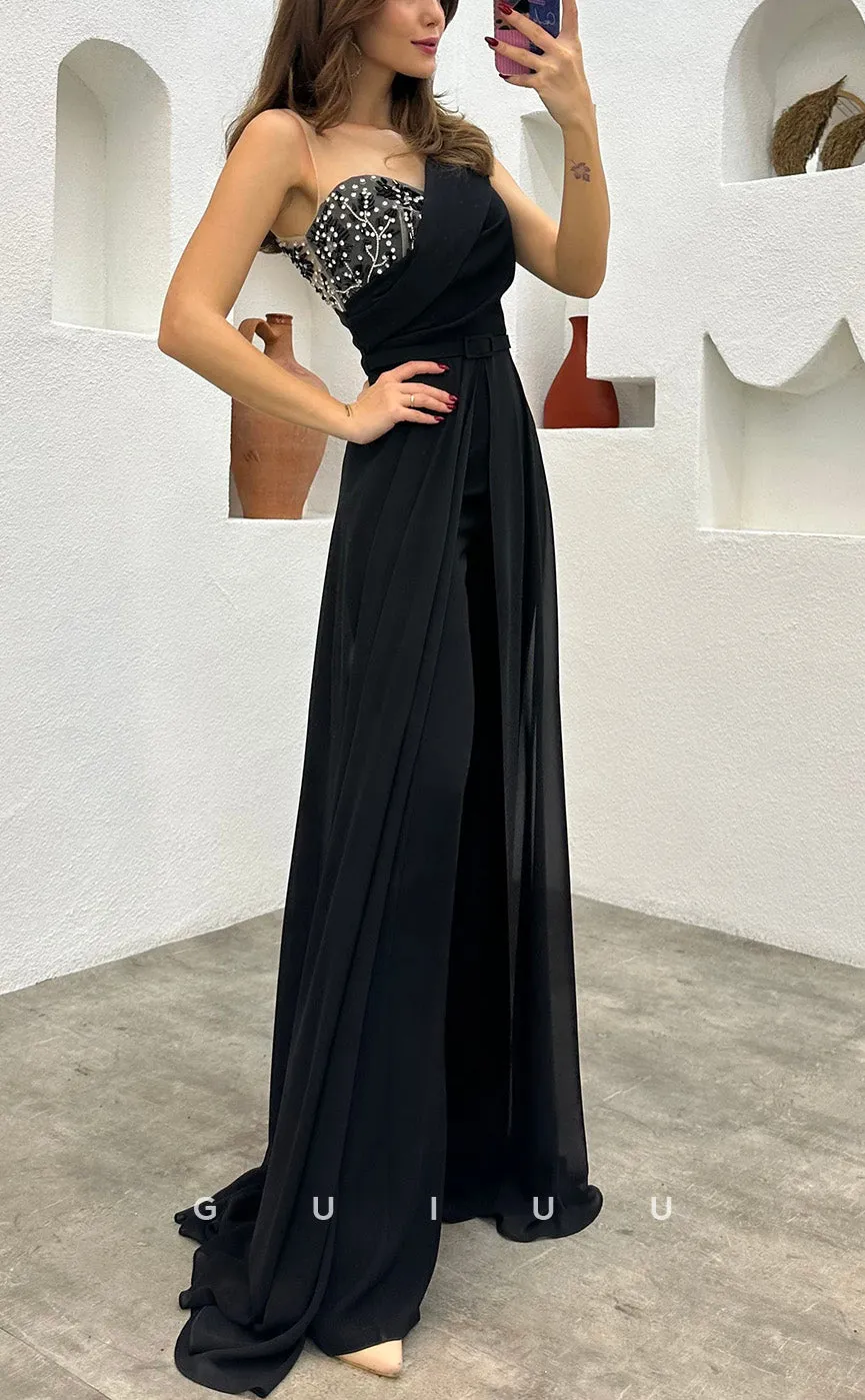 G3498 - Chic & Modern Sheath One Shoulder Feather Sash Jumpsuit Floor-Length Party Gown Prom Dress With Overlay