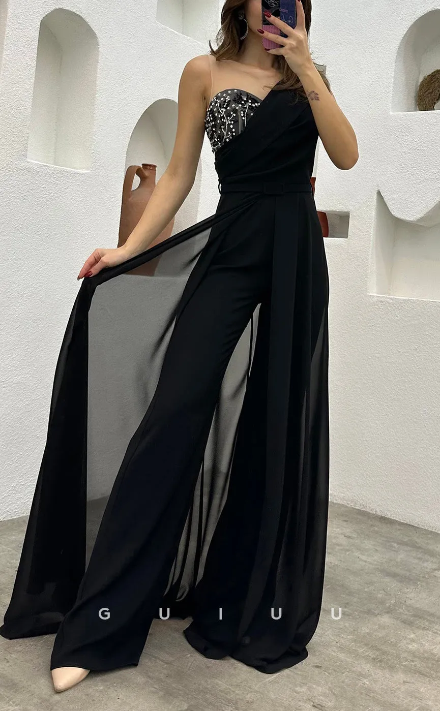 G3498 - Chic & Modern Sheath One Shoulder Feather Sash Jumpsuit Floor-Length Party Gown Prom Dress With Overlay