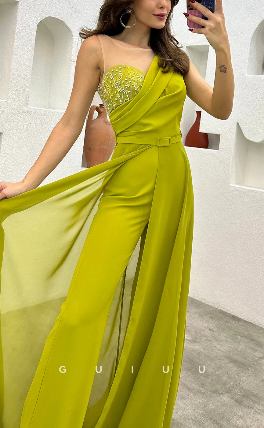 G3498 - Chic & Modern Sheath One Shoulder Feather Sash Jumpsuit Floor-Length Party Gown Prom Dress With Overlay