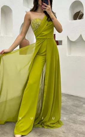 G3498 - Chic & Modern Sheath One Shoulder Feather Sash Jumpsuit Floor-Length Party Gown Prom Dress With Overlay