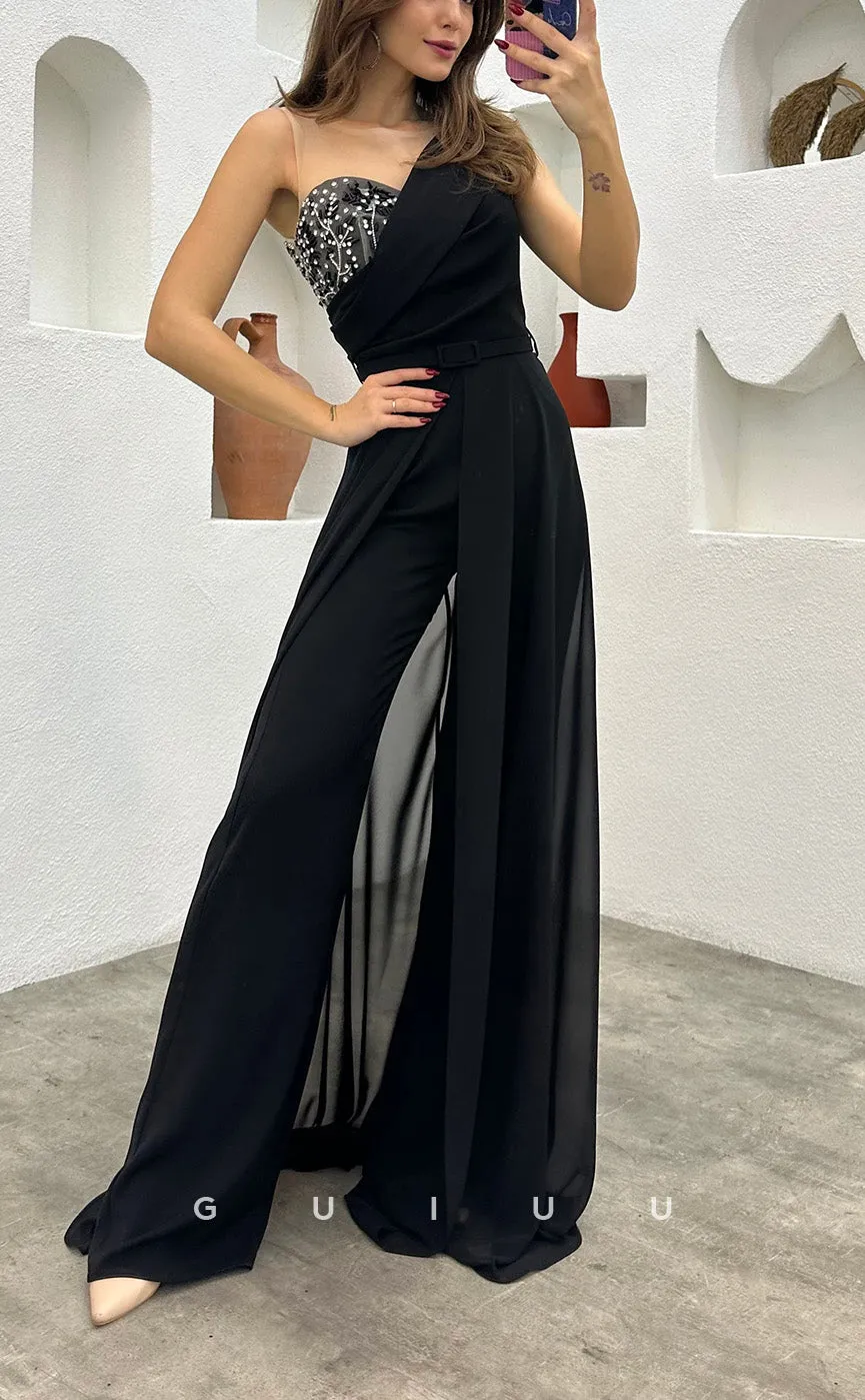 G3498 - Chic & Modern Sheath One Shoulder Feather Sash Jumpsuit Floor-Length Party Gown Prom Dress With Overlay