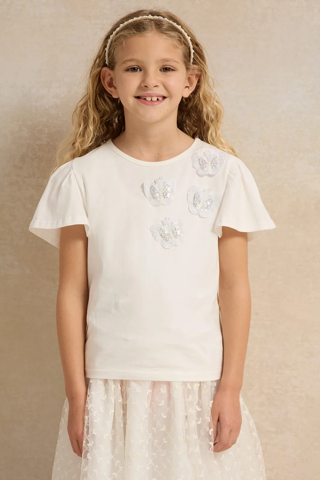 Girls Ivory 3D Butterfly Tee With Lace Skirt (2 Piece)