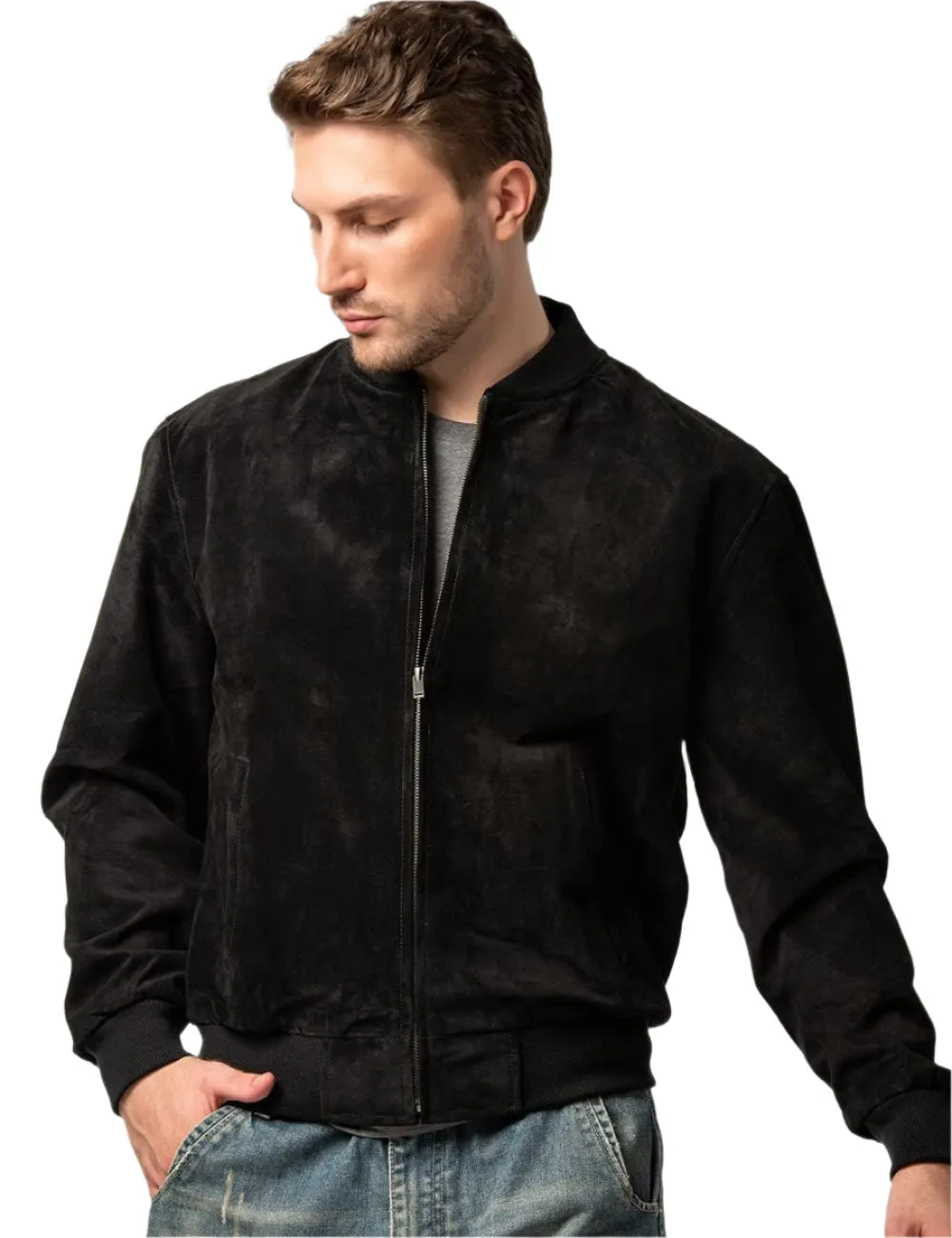 Glorix Black Suede Bomber Leather Jacket