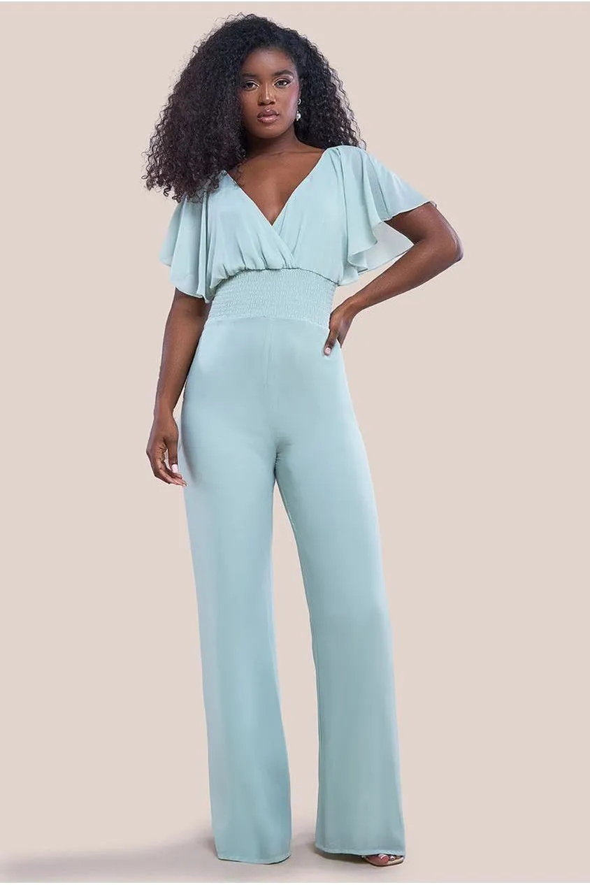 Goddiva Chiffon Jumpsuit With Flutter Sleeves - Sage Green