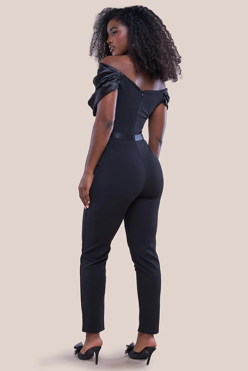 Goddiva Corset Bodice Scuba & Satin Bardot Jumpsuit - Black