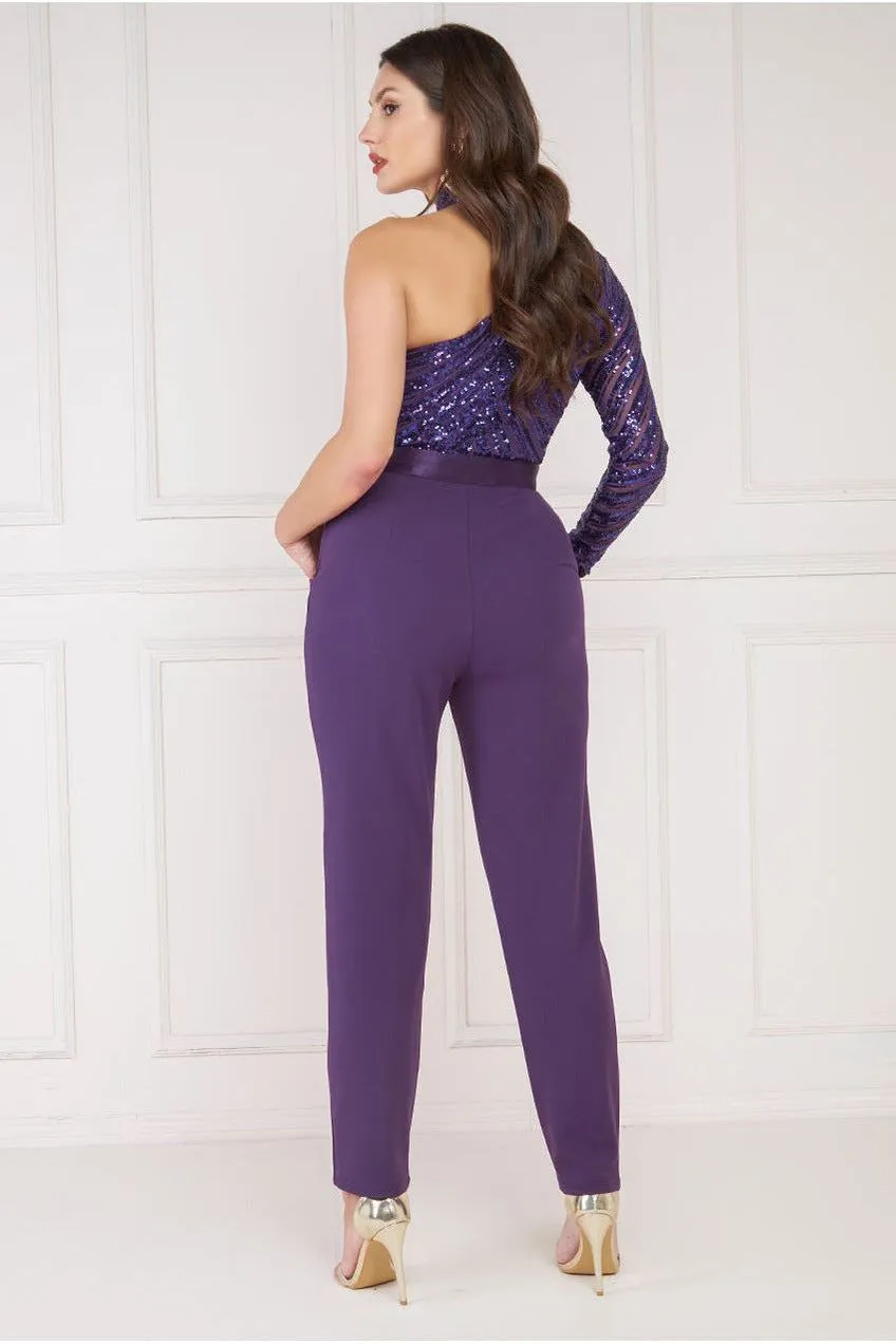 Goddiva One Shoulder Sequin Jumpsuit - Purple