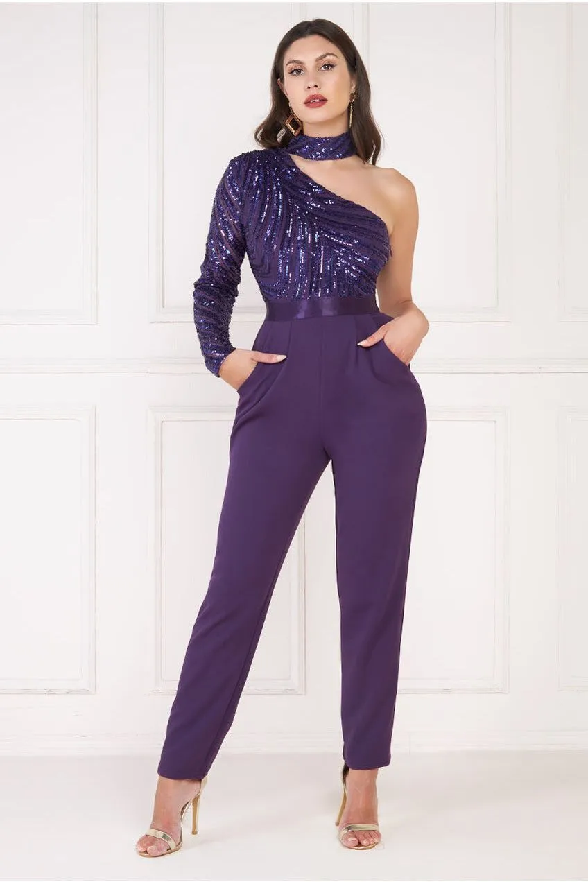 Goddiva One Shoulder Sequin Jumpsuit - Purple