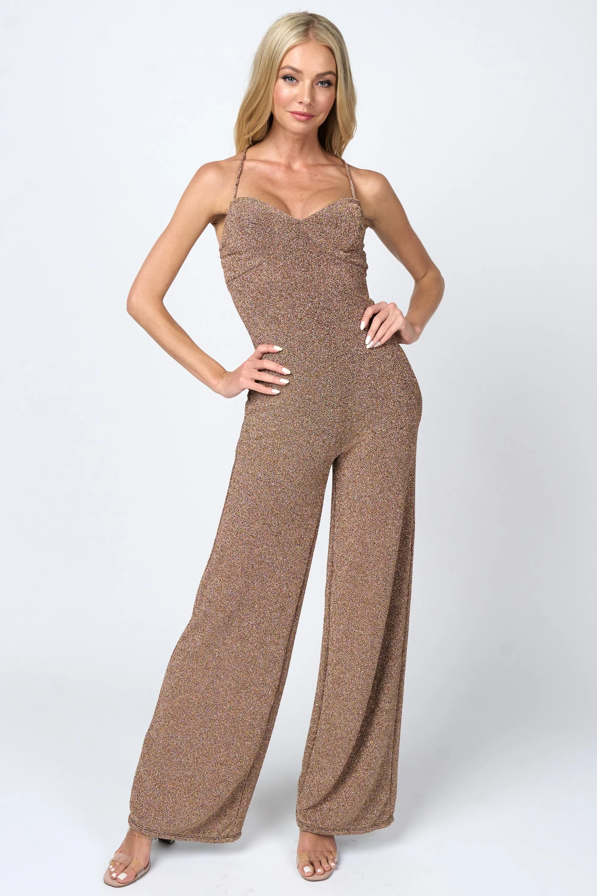 Gold Metallic Lurex Glitter Drawtring Widelegs Jumpsuit