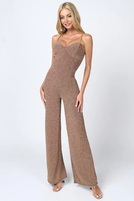 Gold Metallic Lurex Glitter Drawtring Widelegs Jumpsuit