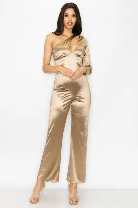 Gold Stretch Satin One Shoulder Jumpsuit