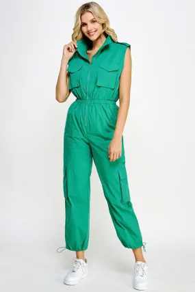 Green High Neck Cargo Technical Jumpsuit