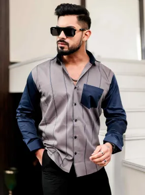 Grey Satin Cotton Cut N Sew Designer Shirt