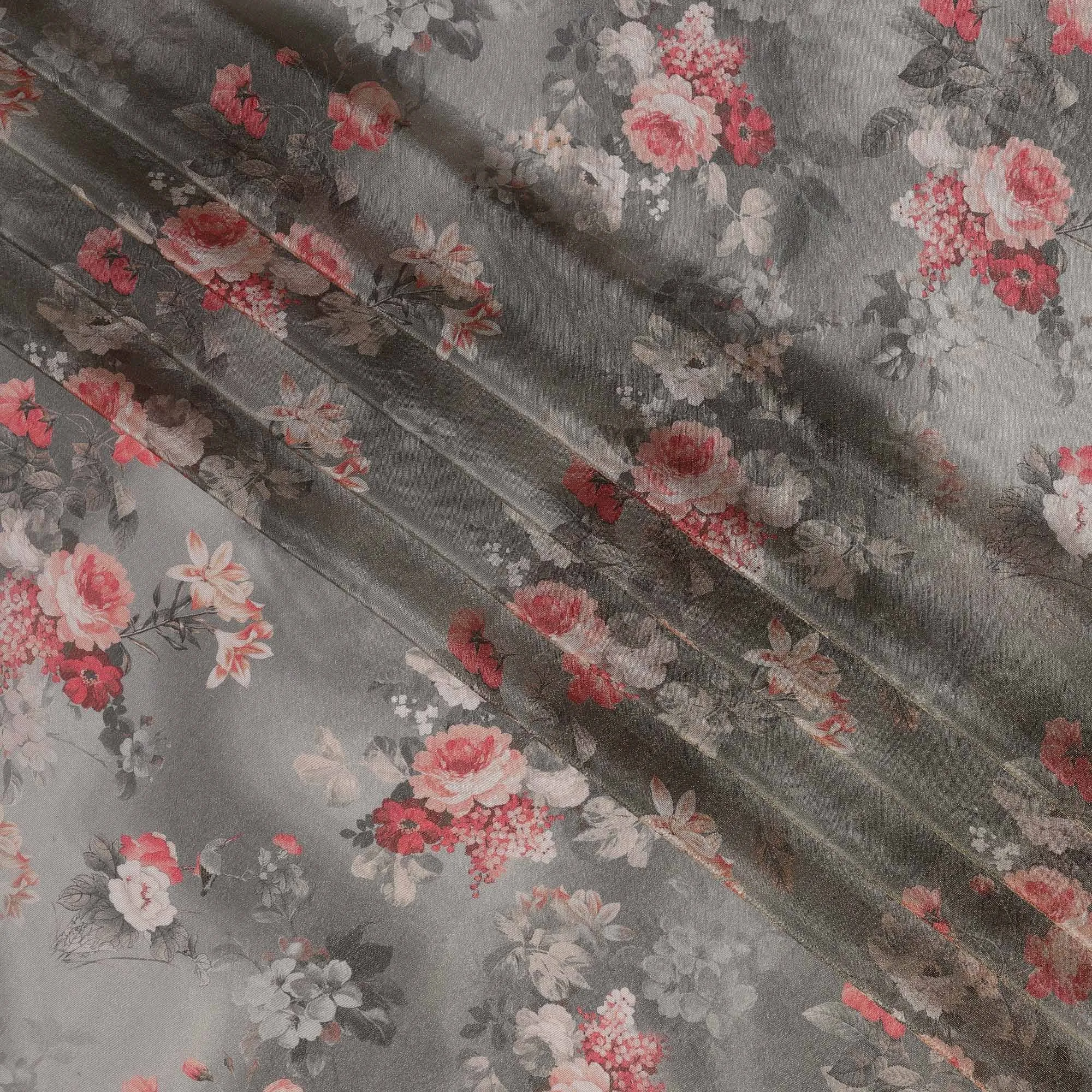 Grey Viscose Digital Printed Fabric with Metallic Finish and Floral Design, 110 cm Width-D21329