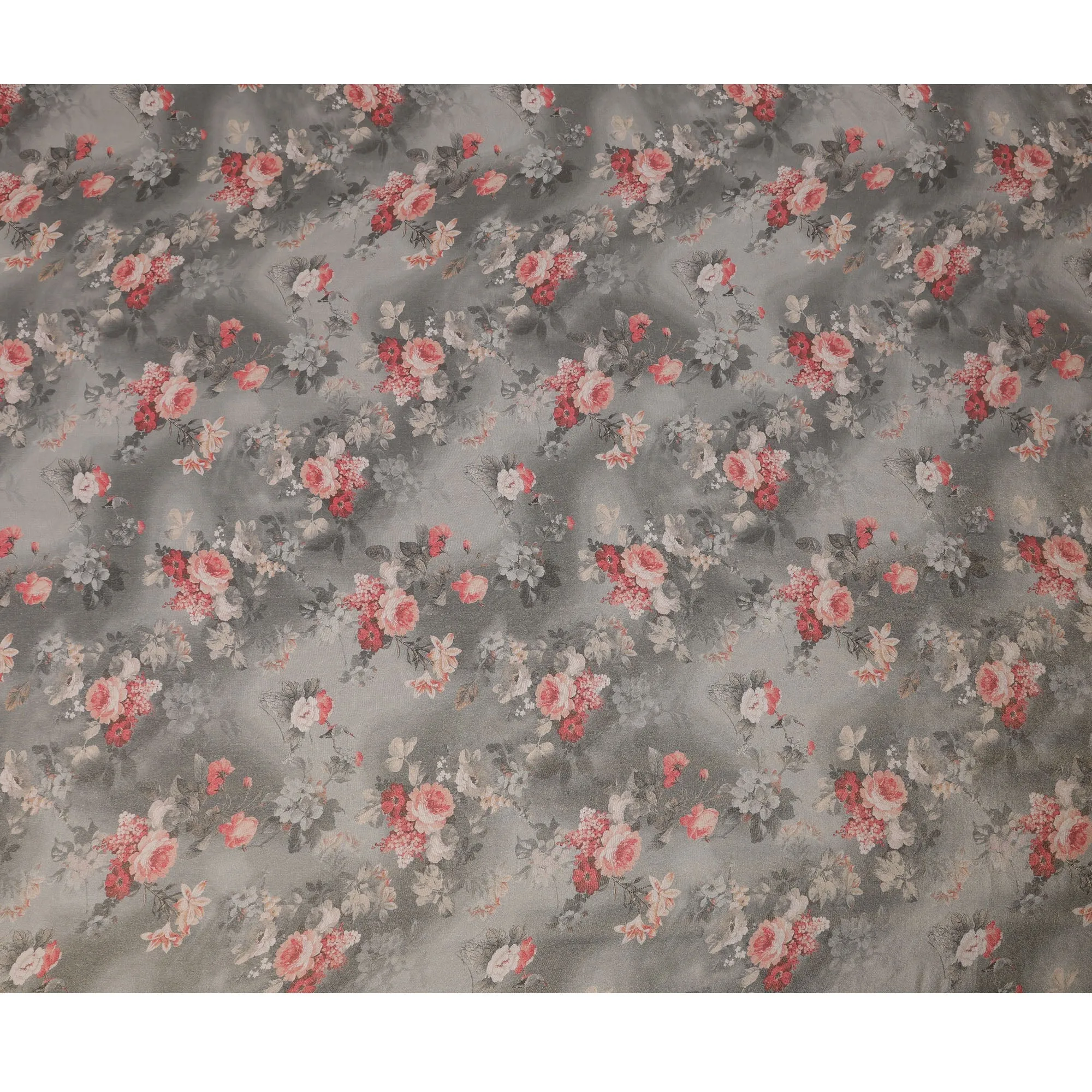 Grey Viscose Digital Printed Fabric with Metallic Finish and Floral Design, 110 cm Width-D21329