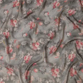 Grey Viscose Digital Printed Fabric with Metallic Finish and Floral Design, 110 cm Width-D21329