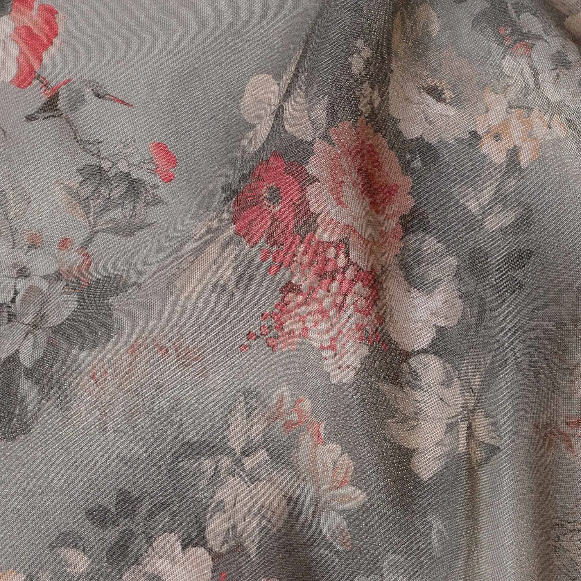 Grey Viscose Digital Printed Fabric with Metallic Finish and Floral Design, 110 cm Width-D21329