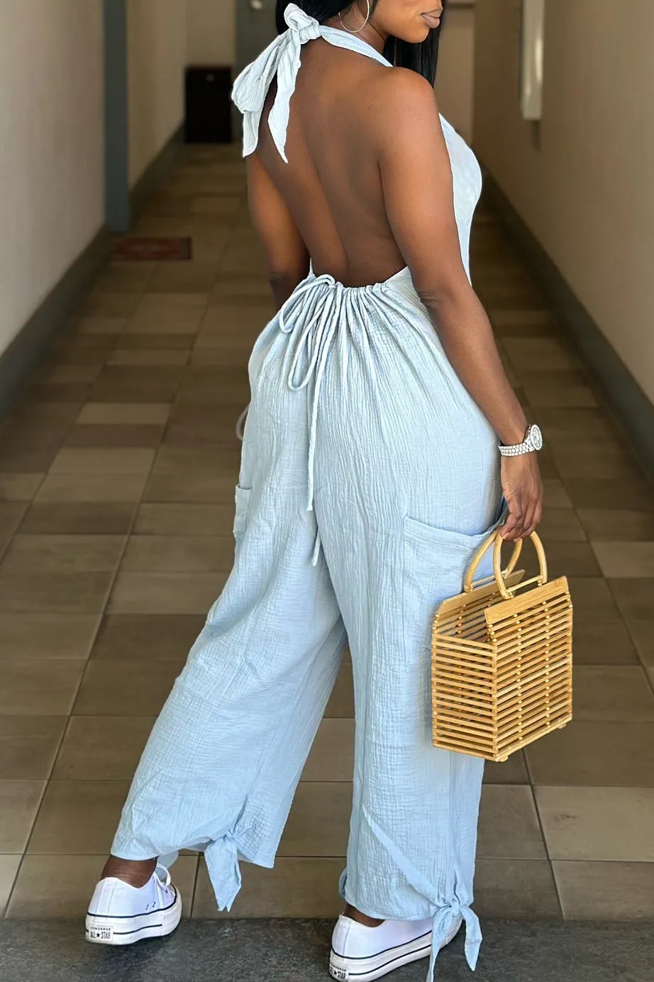 Halter Backless Solid Color Loose Jumpsuit