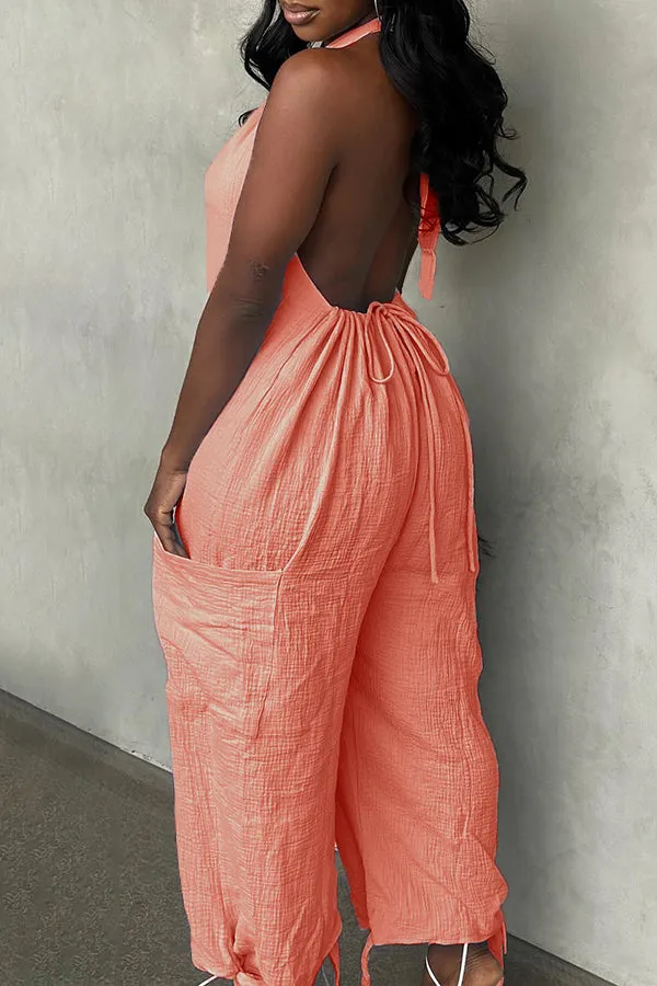 Halter Backless Solid Color Loose Jumpsuit