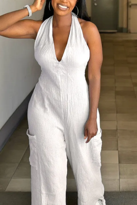 Halter Backless Solid Color Loose Jumpsuit