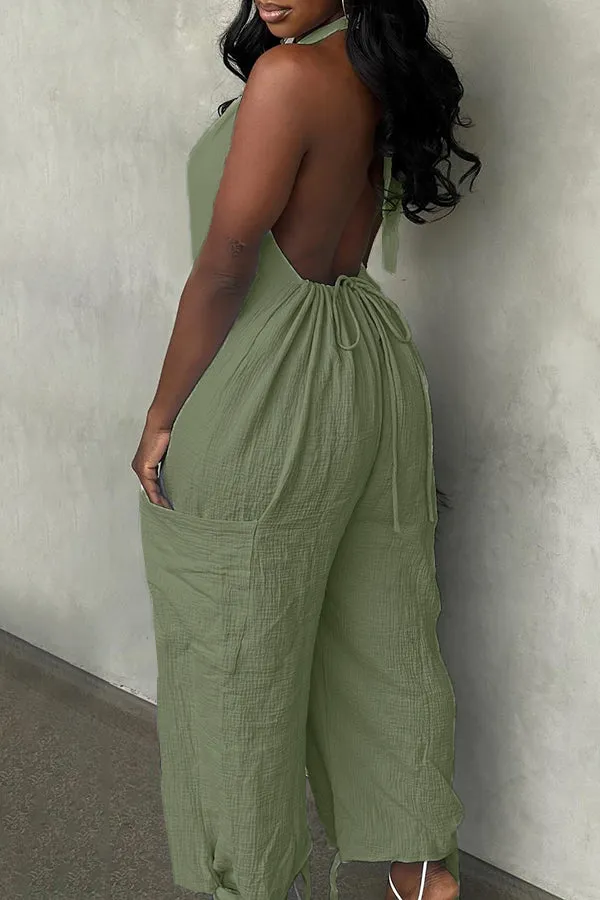 Halter Backless Solid Color Loose Jumpsuit