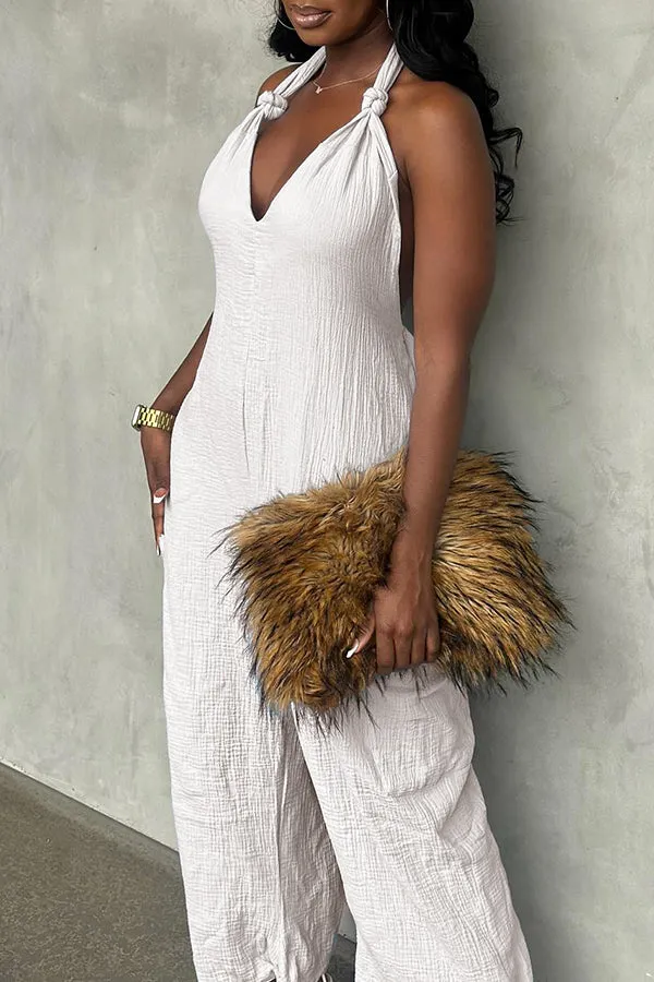 Halter Backless Solid Color Loose Jumpsuit