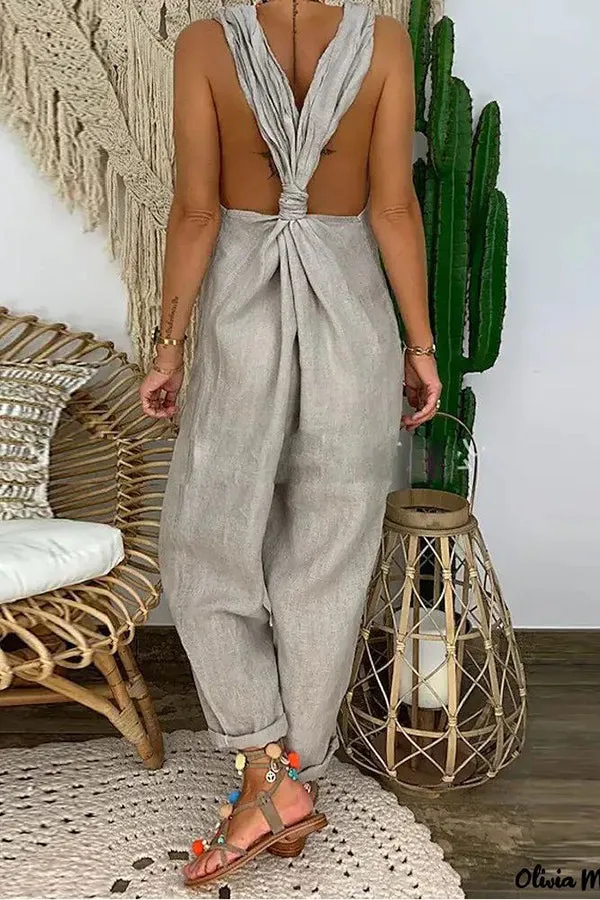 Harper Casual Solid Backless Knotted Strappy Loose Jumpsuit