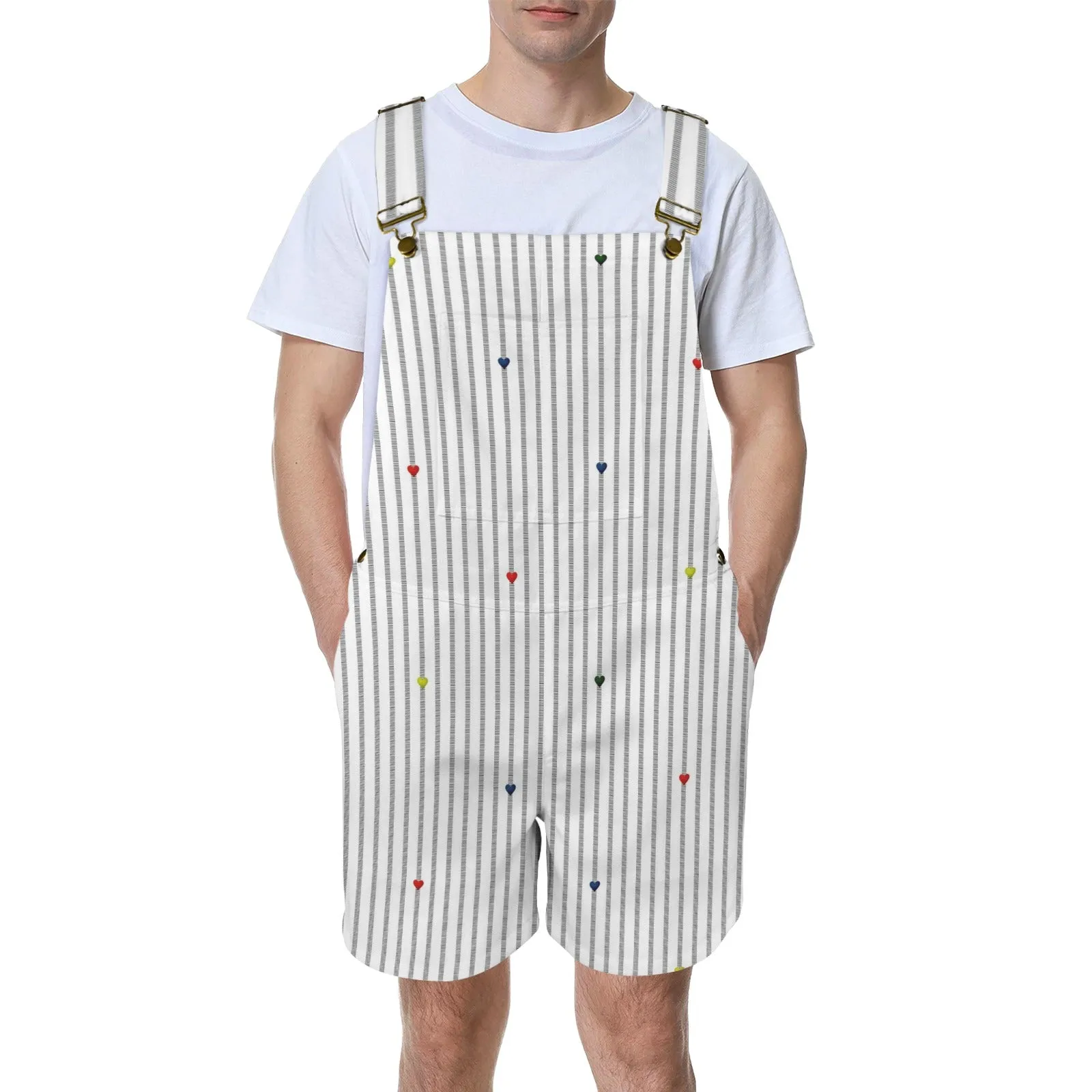 heart accent stripe accent print Unisex Shorts Suspender Jumpsuit (Model L78)