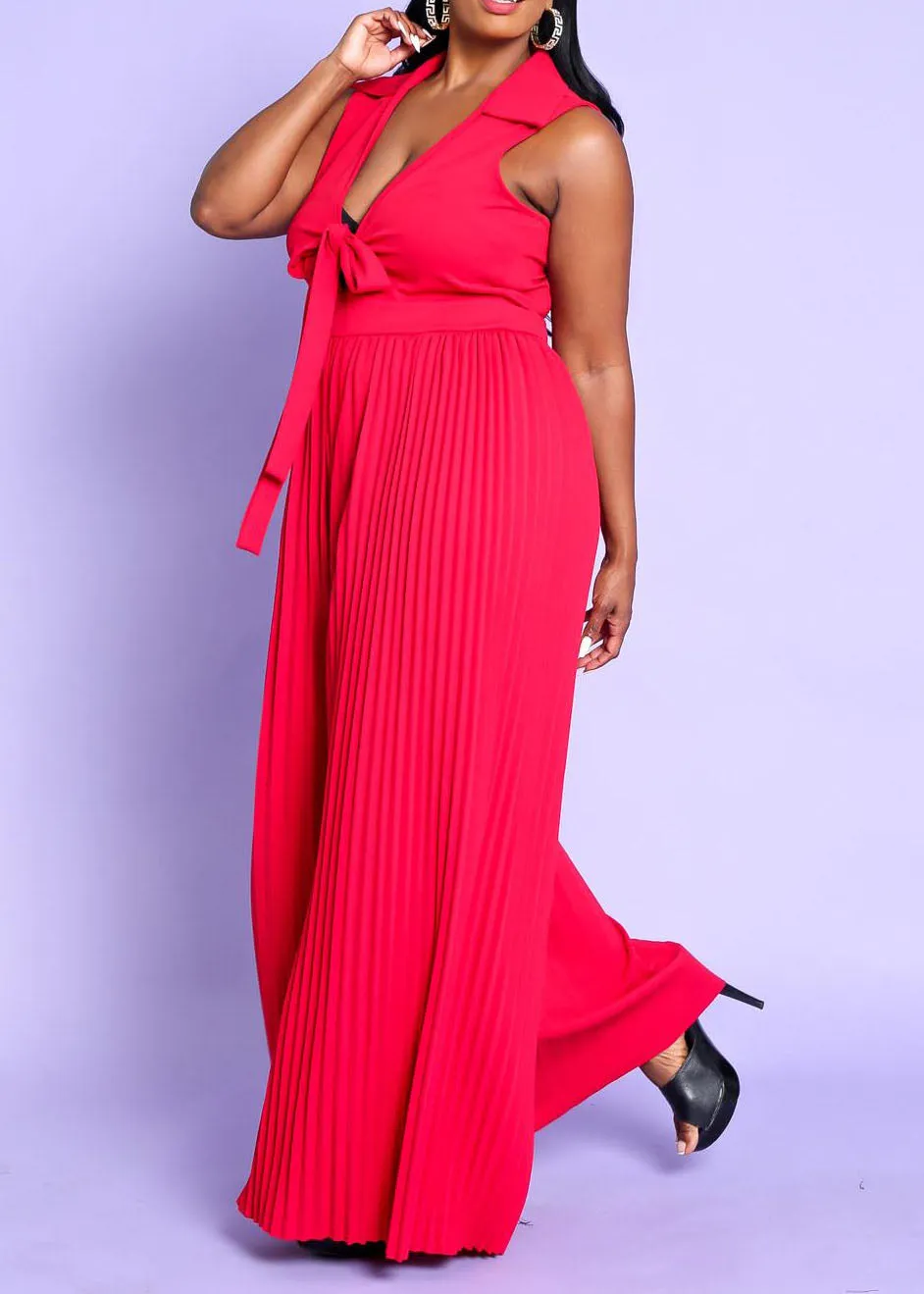 Hi Curvy Plus Size Women Sleeveless Pleated Wide Jumpsuit Made In USA