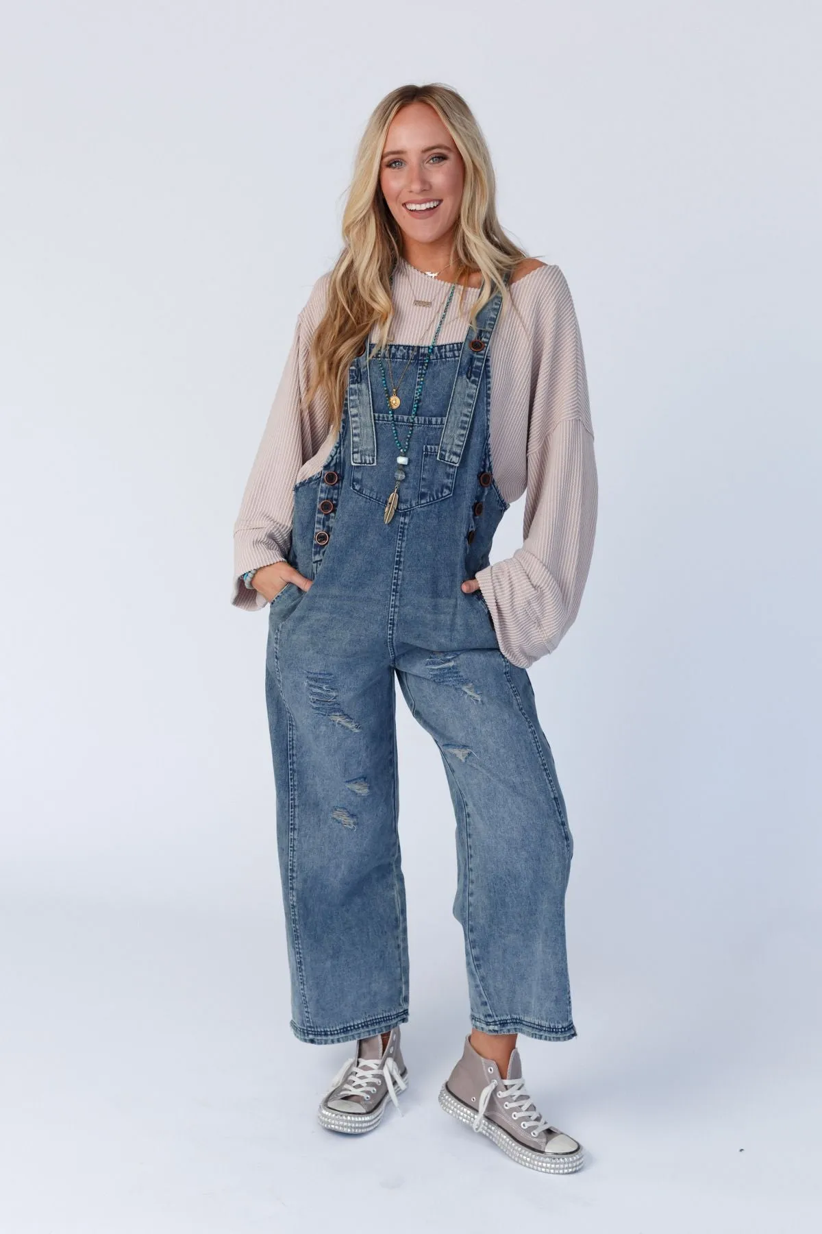 High Hopes Straight Leg Overalls - Washed Denim