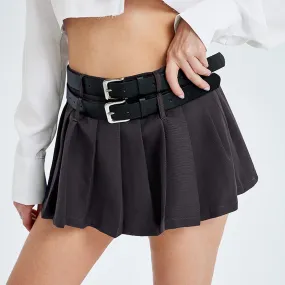 High Waist Slimming Double Belt Pleated Skirt