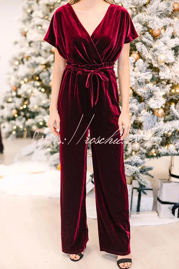 Holiday Star Velvet Lace Up Pocket Wide Leg Jumpsuit