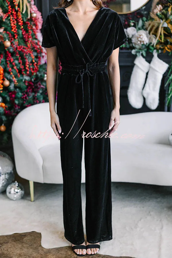 Holiday Star Velvet Lace Up Pocket Wide Leg Jumpsuit